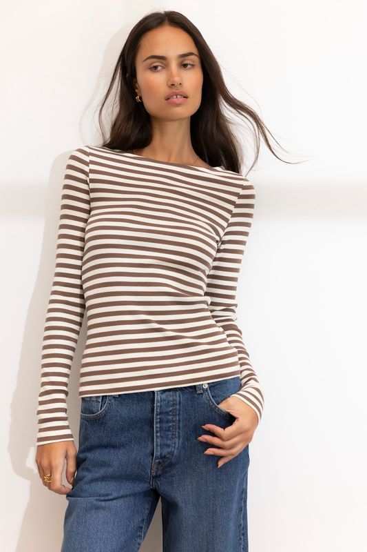 Petronella Rib Boatneck Brown Stripe