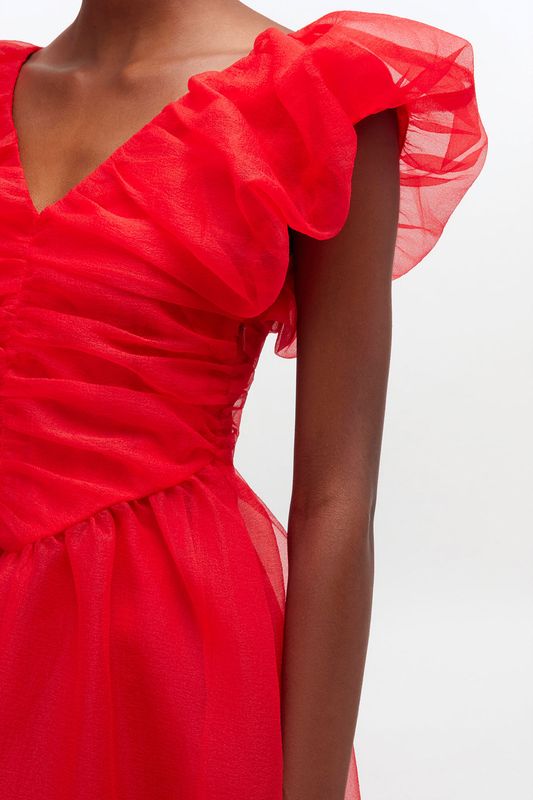 Organza Long Ruched Dress Mars Red 