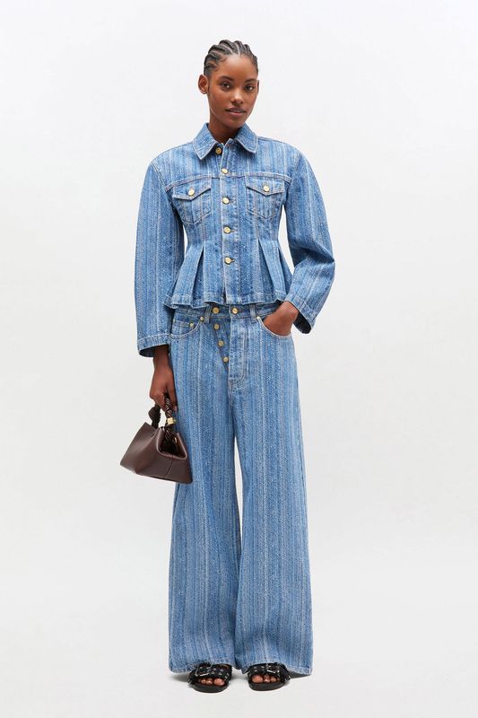 Stripete Plissert Denimjakke Mid Blue Stone 