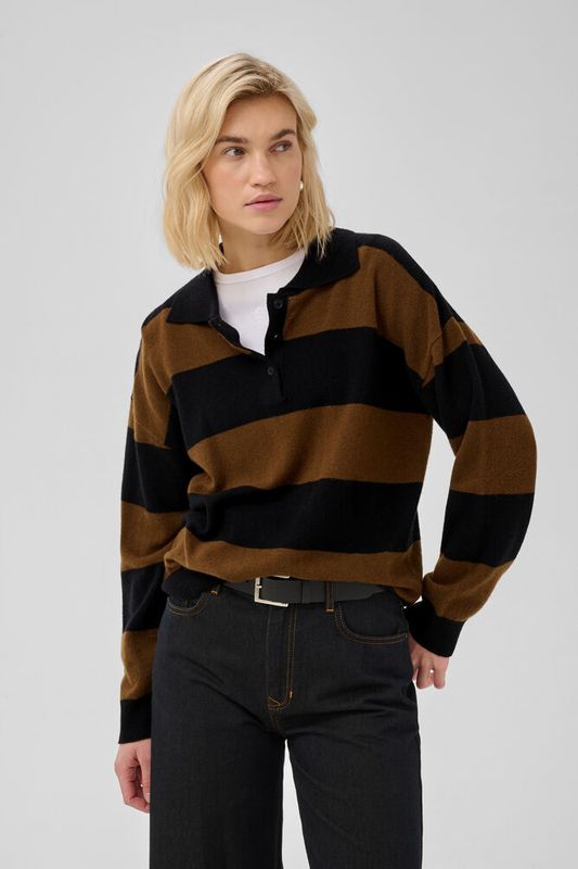 MWJola Knit Polo Pullover Bison W. Black Stripe